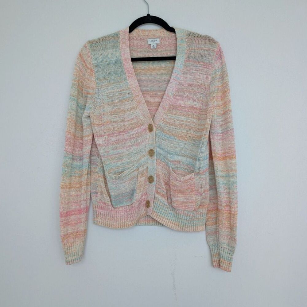 J. Crew Beach Cardigan Sweater Cotton Blend in Pastel Rainbow Sz M Cozy